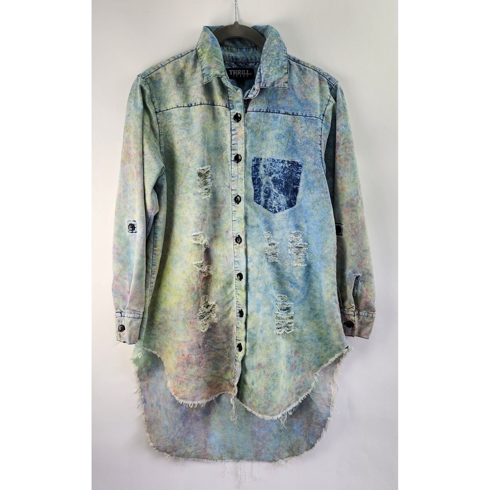 Thrill Jeans Shirt Women's M Distressed Tie Dye Button Down Hi/Low 80's 90's Y2K